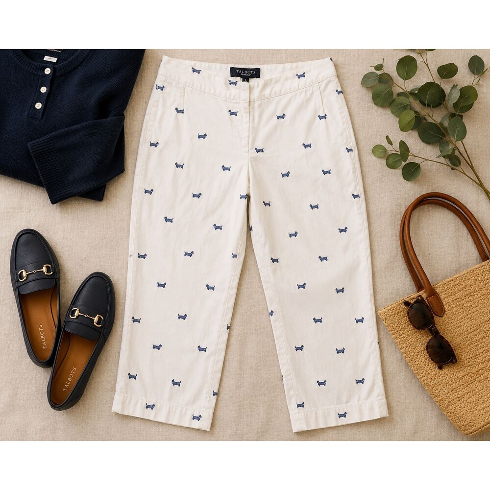 Talbots Women's White Ankle Pants with Blue Dog Embroidery Size 8